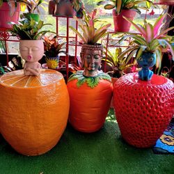 $157 Each or Best Offer for All STRAWBERRY ORANGE CARROT Ceramic Tables/ Stools 18"×14" Garden Patio Pool Balcony Kitchen Tropical Decor 