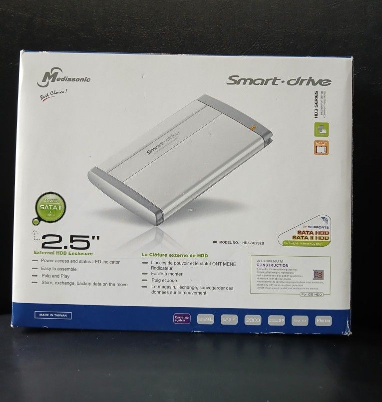 Mediasonic 2.5 External HDD Enclosure Smart Drive. HD3-SU2S2B. New.