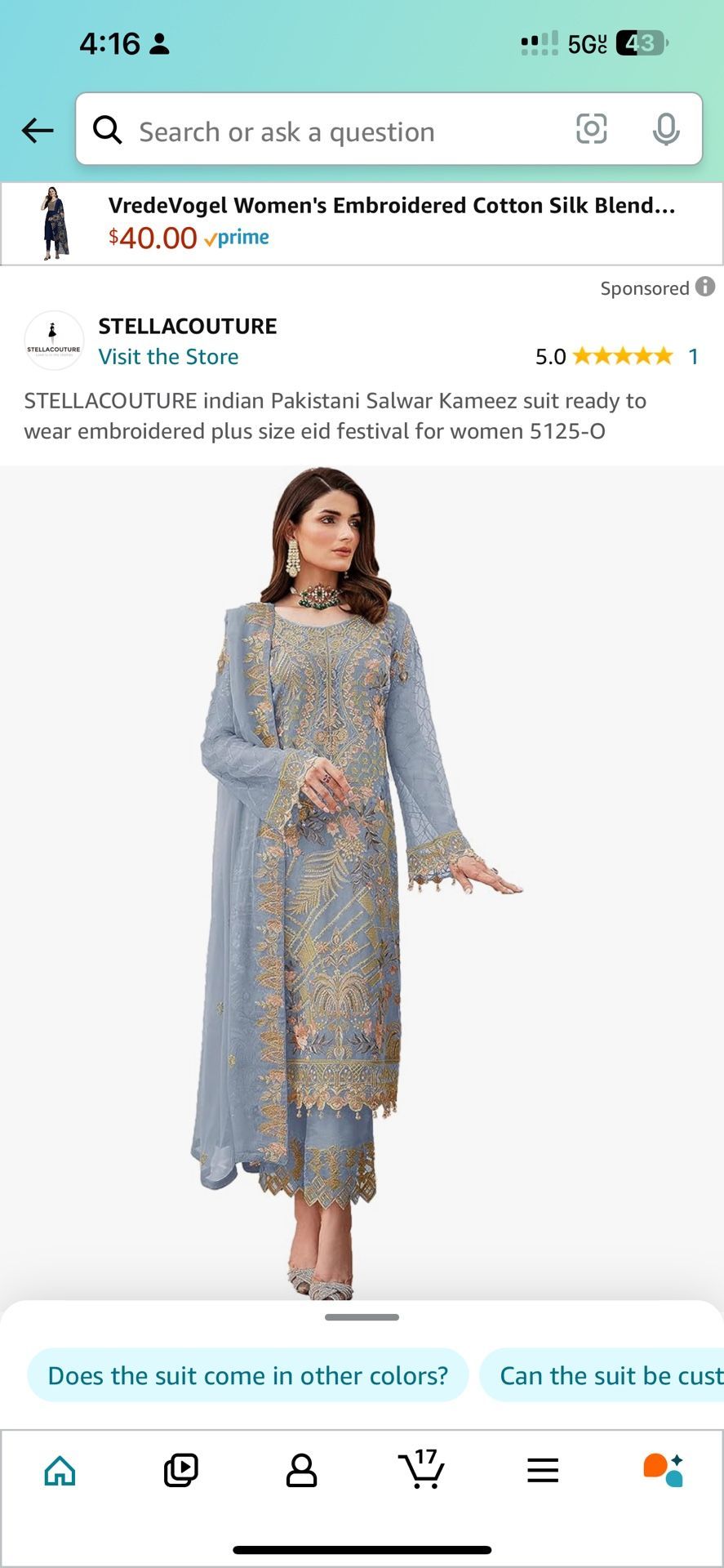 0  1 STELLACOUTURE indian Pakistani Salwar Kameez suit ready to     L.  