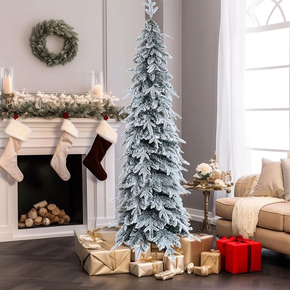 6.8Ft Pencil Slim Artificial Snow-Flocked Christmas Tree ，AP1782