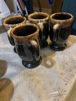 Set of 4 Drip Glaze Ceramic Pedestal Mugs