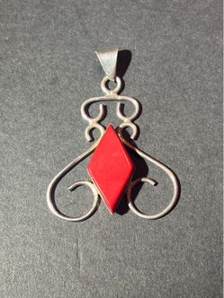 Sterling Silver 925 Necklace Pendant Red Coral Fashion Vintage