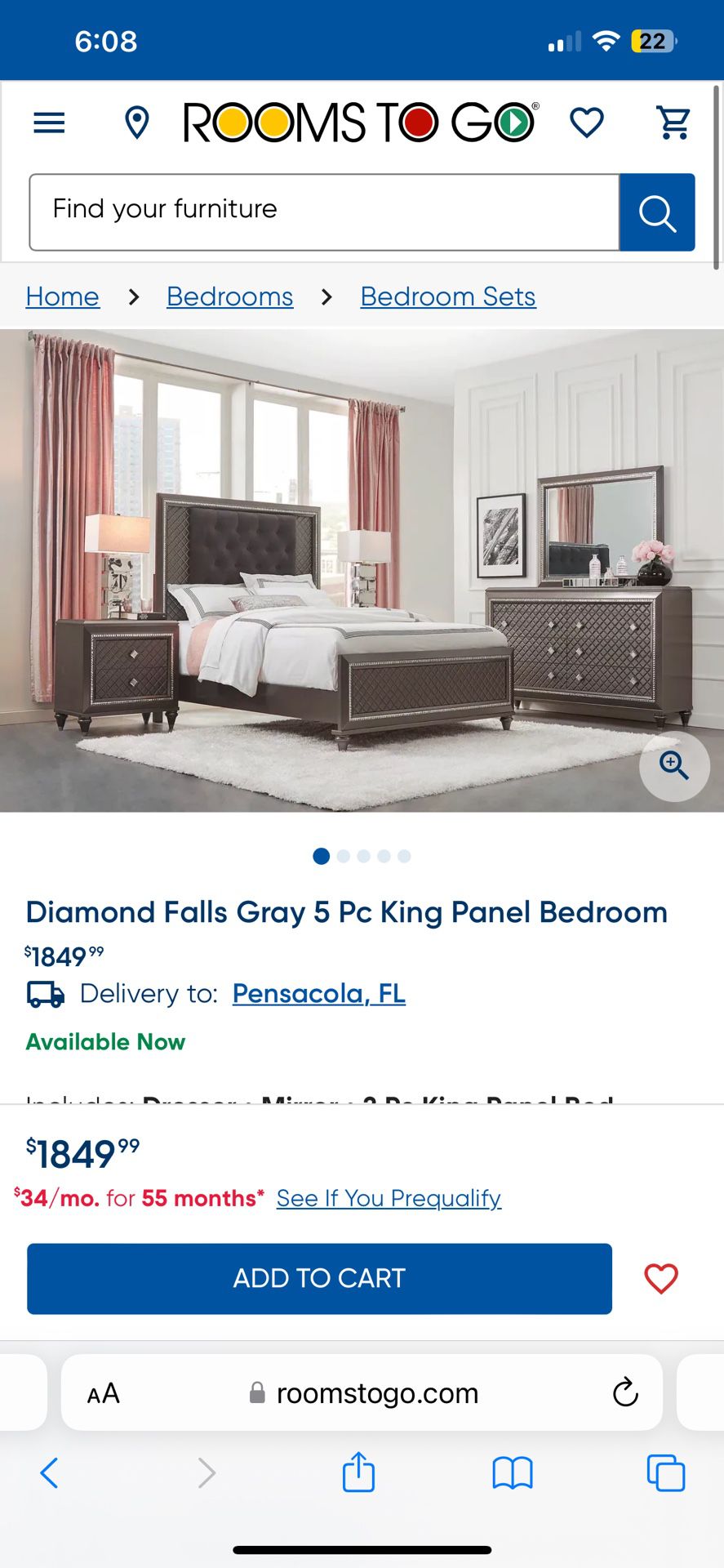 5 Piece Panel King Bed Frame and Dresser Set