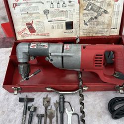 Milwaukee Heavy Duty 1/2” Rt Angle Drill—1101-1 Clean, 4.5 Amp, Side Handle, Bits, Chuck Key, 8’ Cord