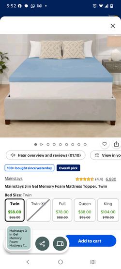 Mainstays 3-Inch Memory Foam Mattress Topper Twin