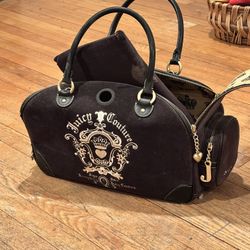 Vintage 2000 Juicy Couture Dog Carrier Bag Y2K Brown Velour Leather Trim Crown Print