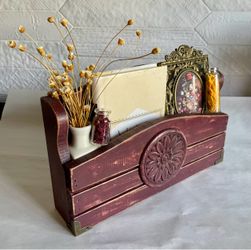 Vintage Upcycled Rustic Dark Red Wooden Wall-Mounted Letter Organizer