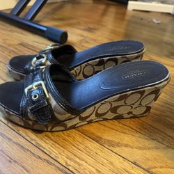 Coach Wedge Sandals: Khaki Jacquard & Black Leather; Size 8.5B