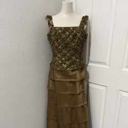 15.  Brown Shavon, Top Beaded Green & Brown Beads.  Size 14.  Waist 80, Bust 96. Jovani Brand