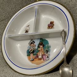  Antique Excello Porcelain Baby Bowl: Hot Water Food Warmer, 1930’s +  VTG Collectible Spoon