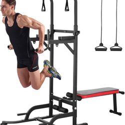 Power Tower with Bench, Pull Up Bar Dip Station, Power Tower Dip Station, Training Workout Equipment, Height Adjustable Pull Up Tower w/Folding Bench 
