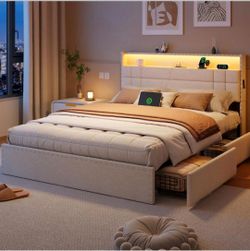 Queen Bed Frame with 4 Storage Drawers & Headboard, Upholstered Platform Bed Frame Queen Size with Charging Station & LED Lights, No Box Spring Needed