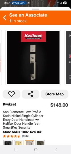 San Clemente Low Profile Satin Nickel Single Cylinder Entry Door Handleset w/ Halifax Door Handle feat SmartKey Security