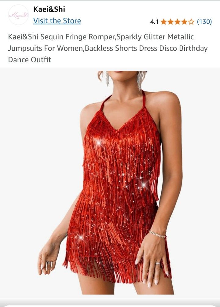 Kaei&Shi Sequin Fringe Romper,Sparkly Red Glitter Metallic Jumpsuits For Women,Backless Shorts Dress Disco Birthday Dance Outfit