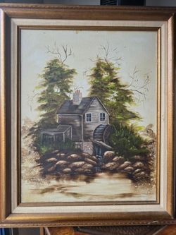 Framed Oil Painting of a Watermill