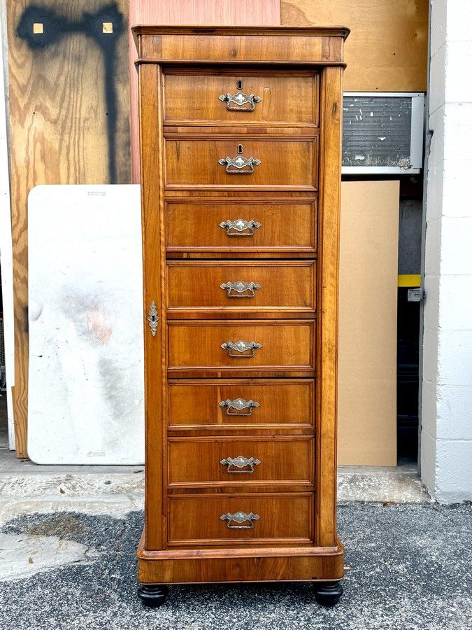 Antique Italian 8 Drawer Double Locking Walnut Lingerie Cabinet- Rare