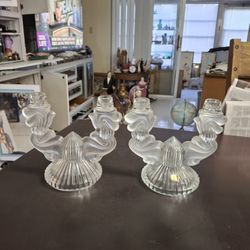 Set Of 2 Bohemia Glass Double Candleabras Made In Czechoslovakia, Elegant Frosted Scrolled Arms W/Clear Ribbed Base 7.5"H X 8.25"W, Weighs 2LB 7OZ