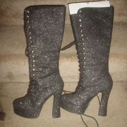 Women's Pleaser Glitter Lace-Up Knee High Platform High Heel Boots - Sz. 7.5 - New 