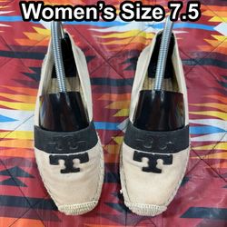 TORY BURCH Weston Flat Espadrille Womens Size 7.5 Beige Black Canvas Shoes 40034
