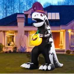 Halloween Inflatables Outdoor Decorations, Giant 7 FT Blow Ups Skeleton Dinosaur with Build-in LED Lights, Funny Yard Garden Decoration for Halloween 