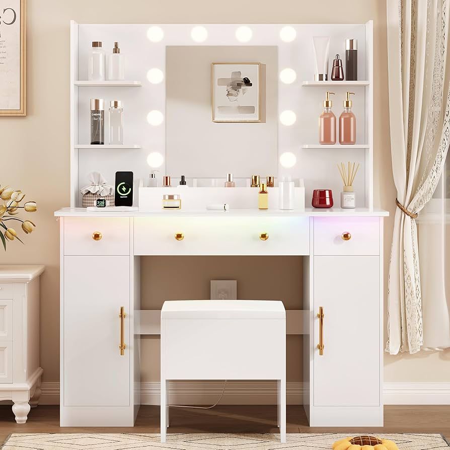 Vanity Desk with Mirror and Lights, Makeup Vanity with Charging Station & Vanity Stool, 3 Drawers and Cabinets White Vanity Mirror with RGB LED Lights