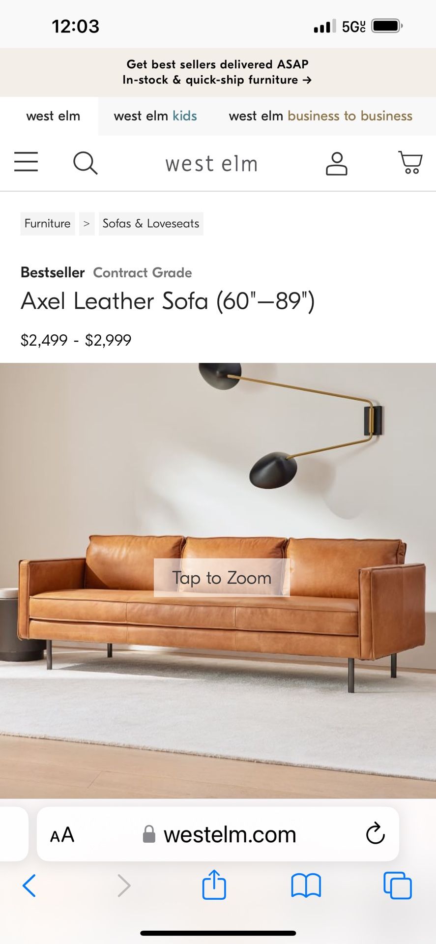 West Elm Axel Mid Century Modern 89” Leather Sofa