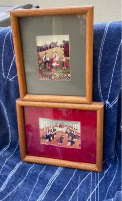 Vintage Marika S Folk Art Framed Paintings Pair Hungarian Eastern European Traditional Costumes Village Life Oak Frames Set of 2