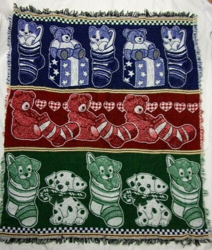 Throw Blanket 46" x 54" Blue Red Green Bear Cat Dog Socks Woven Cotton Blend