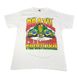 Vintage 2002 Brazil FIFA World Cup Champion Soccer Futbol Graphic White T-Shirt Adult Size Large L VTG