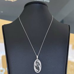 White & Black Diamond 14kt White Gold 3d Cluster Oval Floating Pendant and chain