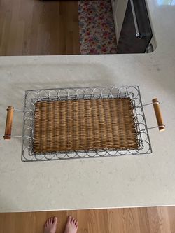 Wicker and Chrome Wire Serving Tray