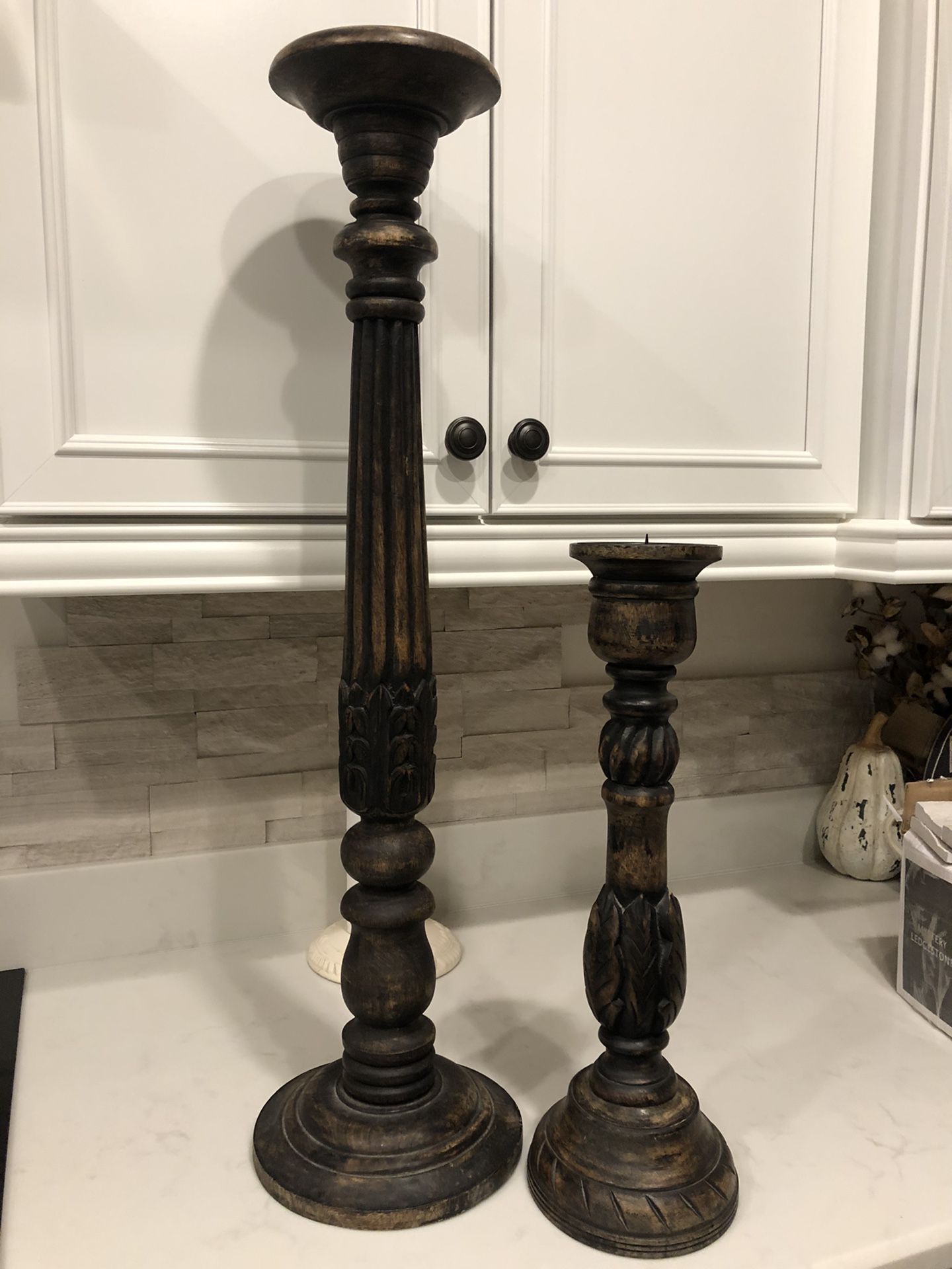 Beautiful pair of tall solid wood candle holders
