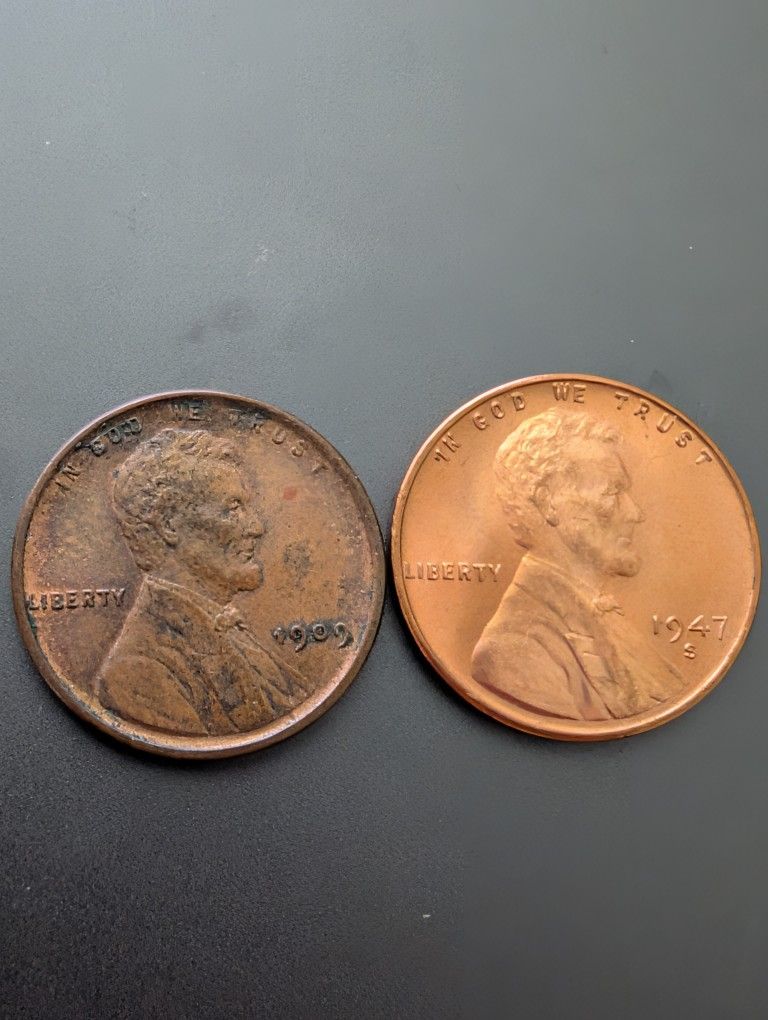 1909 Vdb Mint State Brown And 1947s Mint State Red Wheat Cents