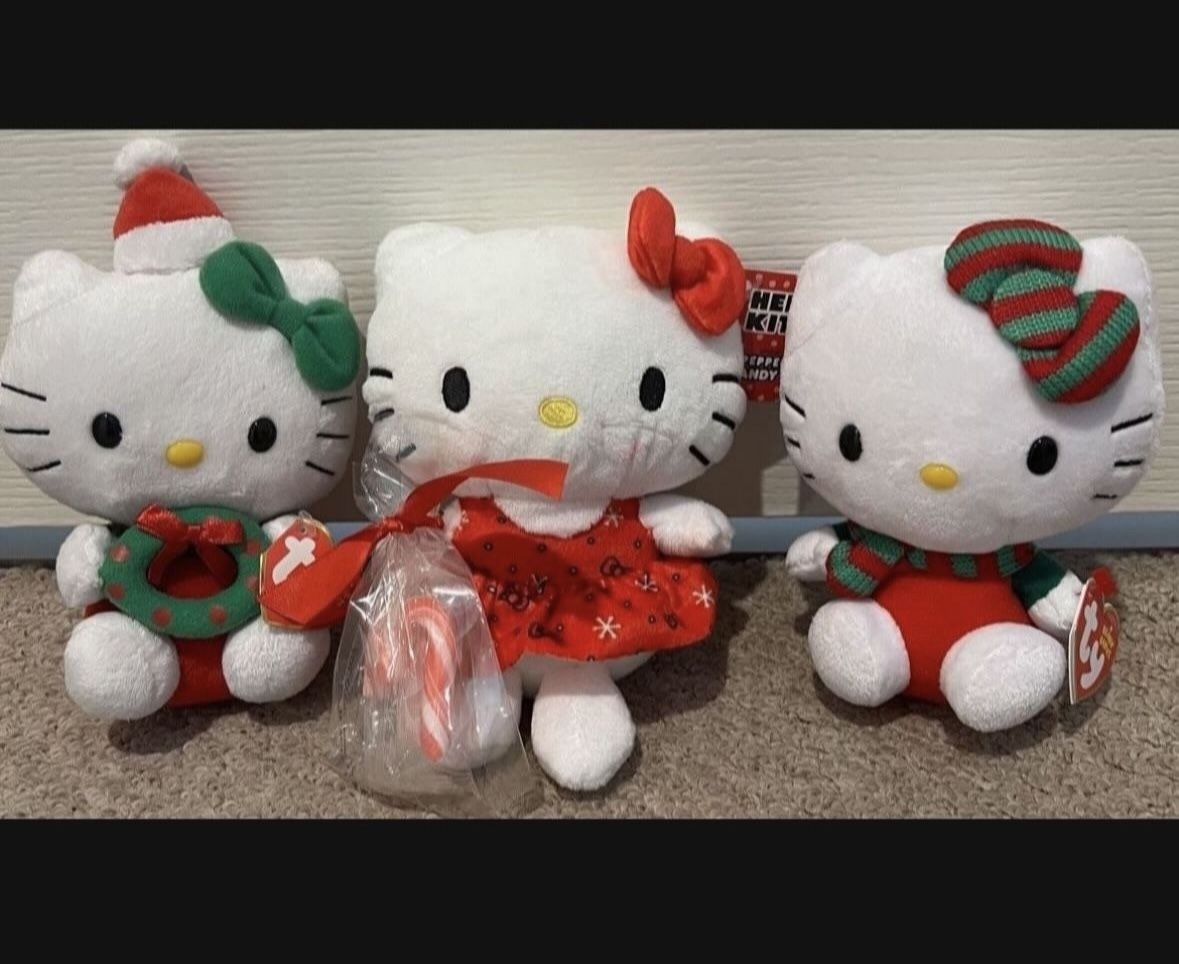 BRAND NEW WITH TAGS SANRIO COLLECTIBLE HELLO KITTY CHRISTMAS PEPPERMINT DRESS WITH CANDY CANE & TY BEANIE BABY PLUSHIES (PLEASE READ DESCRIPTION!)