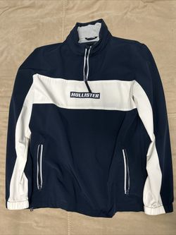 Hollister Windbreaker Quarter Zip Jacket Mens Medium Two Block White Navy Blue