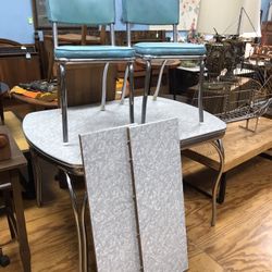 Mid Century Formica Chrome Table And 2 Turquoise Chairs 