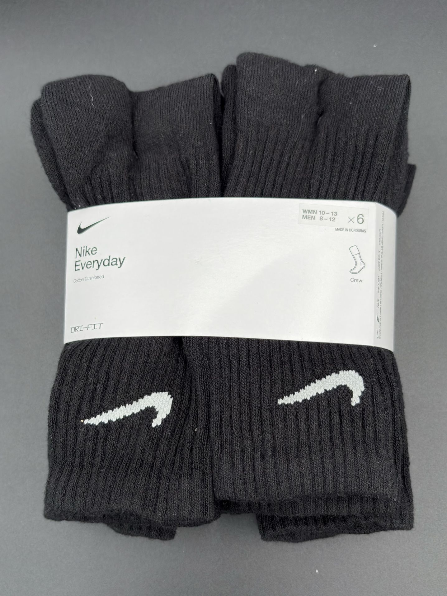 Nike Dri-fit Crew Socks/Cotton Cushioned/Black/6 Pairs/Sz Large