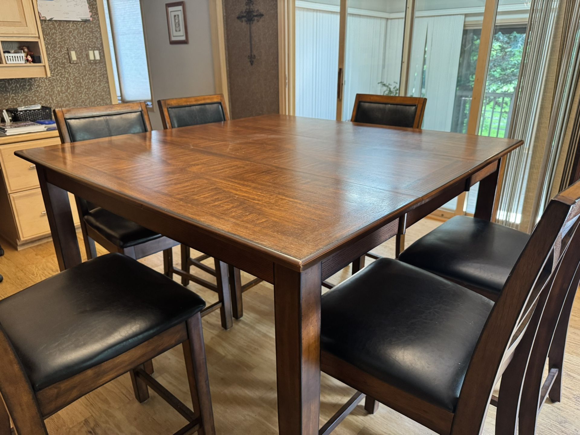 Art Van Authentic Wood&Leather Dining/Kitchen Table W/ Leaf 6 Chairs