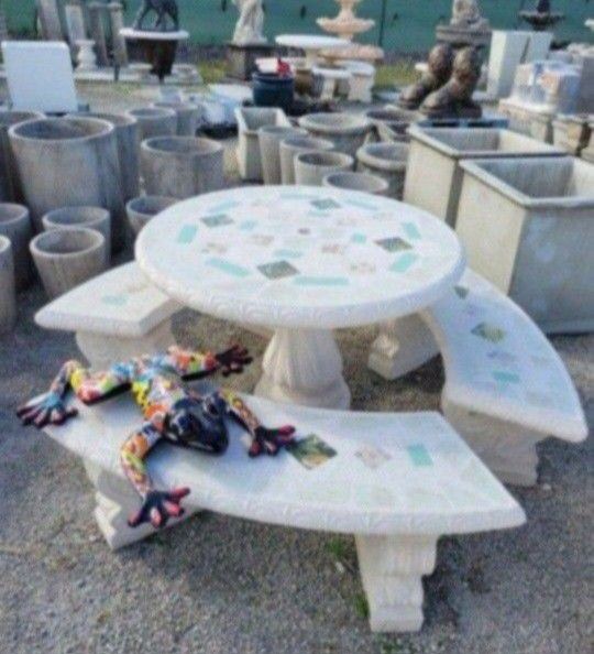 Concrete Mosaic Picnic Table with 3 Benches/ Outdoor Patio Furniture
