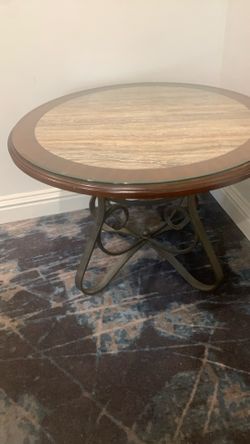 round table wood and stone