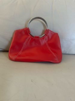 Red leather shoulder bag with silver ring handle