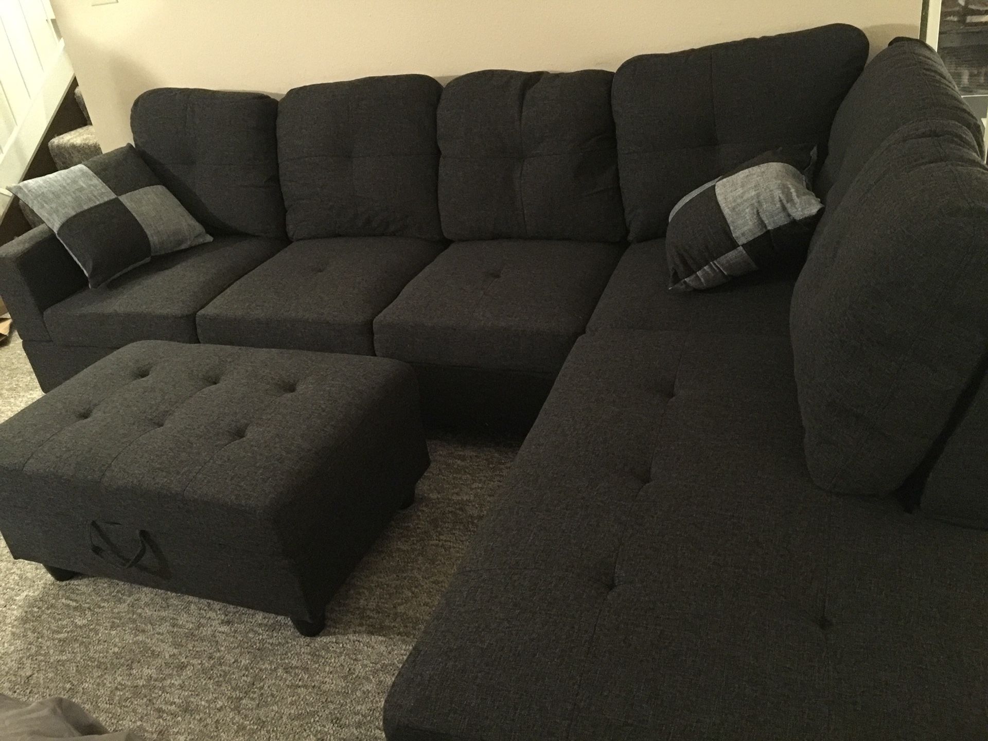 New dark gray linen fabric sectional couch with storage ottoman