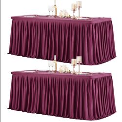 Party Talk 2 Packs Burgundy Polyester Table Clothes For 4 Foot Rectangle Tables, Wrinkle Free Fitted Table Cover 4ft Stretch Tablecloths With Skirt Fo