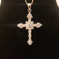 Cubic Zirconia Crystal Pendant Cross Silver Over Rhodium Plating Marked 925 Necklace 18" (Marylou)