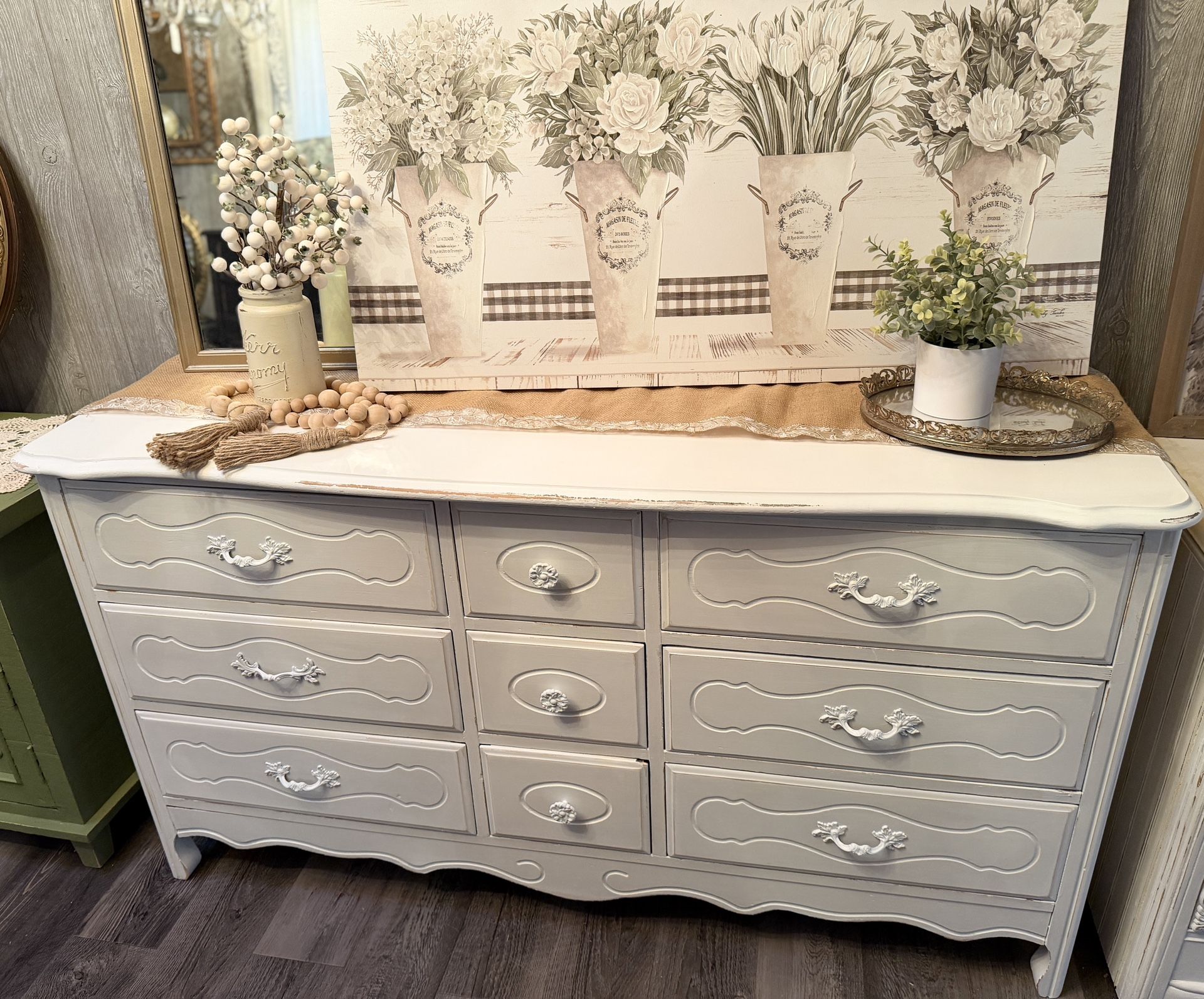 White Vintage 9 Drawer French Farmhouse Style Dresser