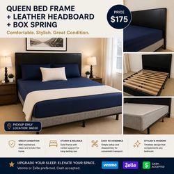 Queen Bed Frame + Leather Headboard + Box Spring