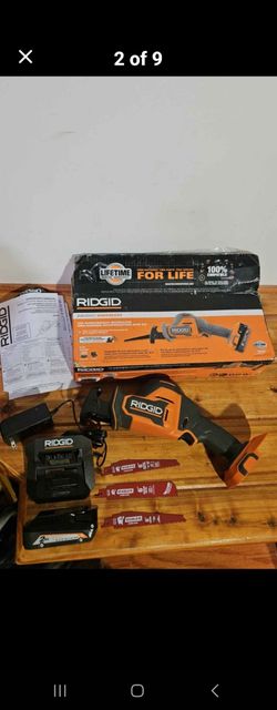 Ridgid 18V 'Subcompact' one-handed sawzall, battery, charger, blades.