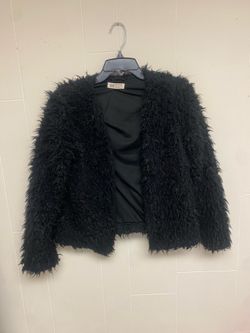 H&M girls shaggy black faux fur jacket cardigan size 12-14 years