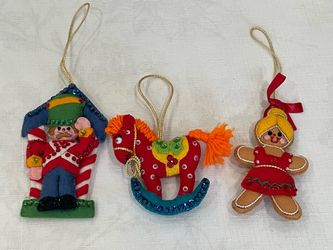 Set of 3 handmade felt and sequin Christmas ornaments. 3”-5” each