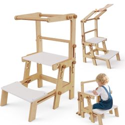 Toddler Tower, Adjustable Toddler Standing Tower with 3 Heights, Kids Kitchen Step Stool with Rail for Bathroom Sink
